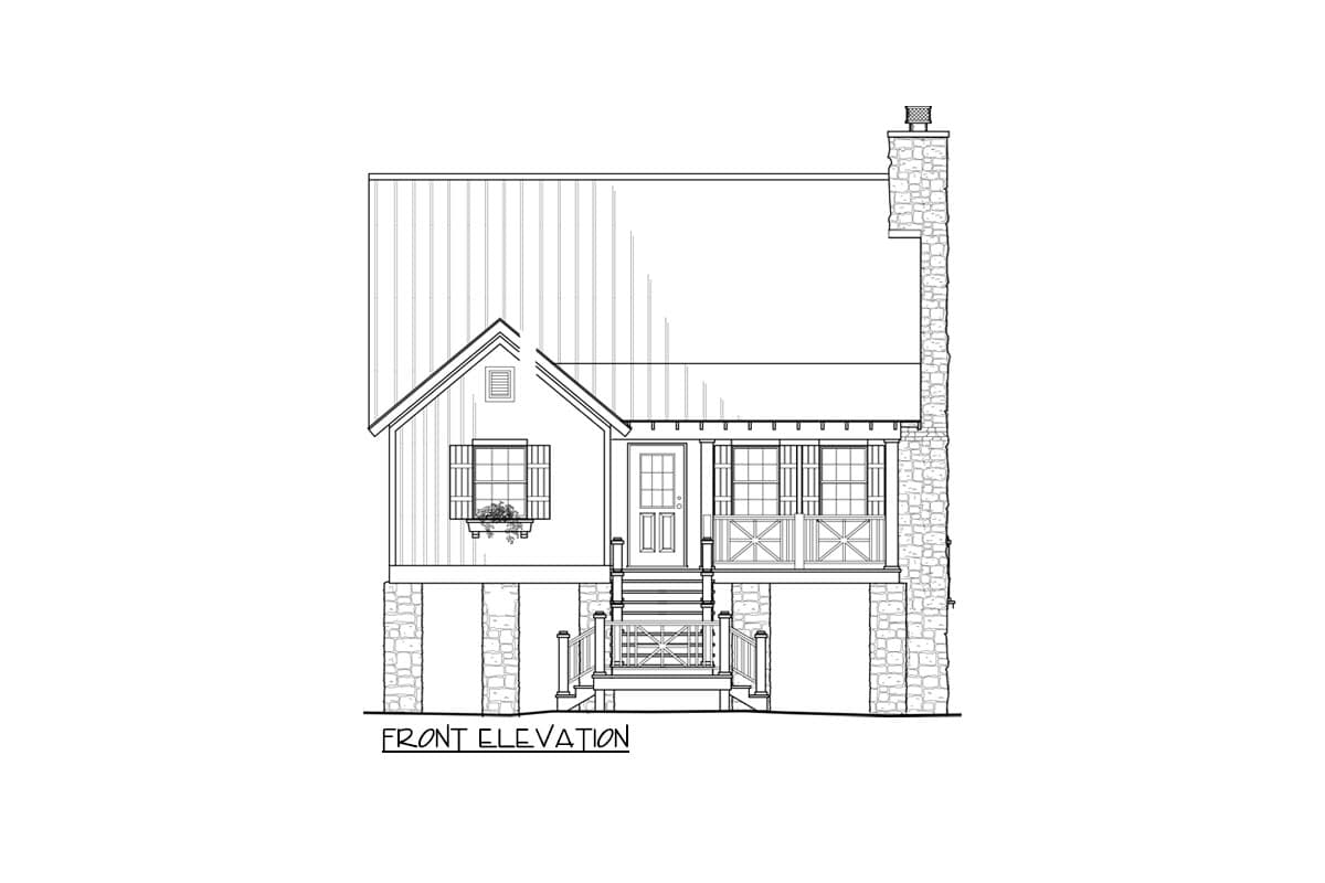 Front elevation house plan with a covered porch, gable dormer, and stone chimney.