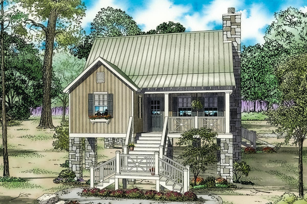 House plan exterior of a one-story elevated cottage with a metal roof, stone foundation, front porch, and a prominent stone chimney.