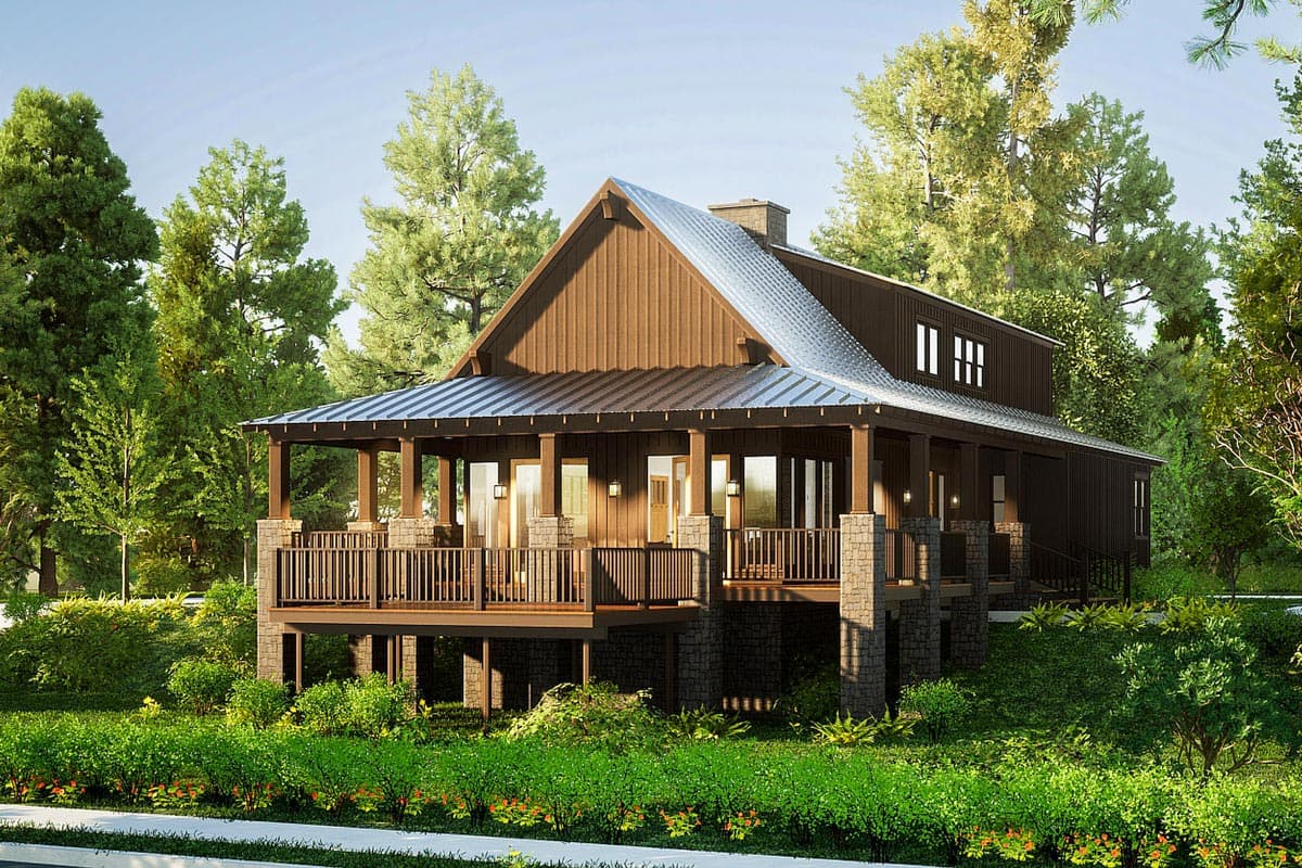 House plan exterior with Craftsman style. Features include a raised porch with stone columns and a metal roof. Two-story with gabled roofline.