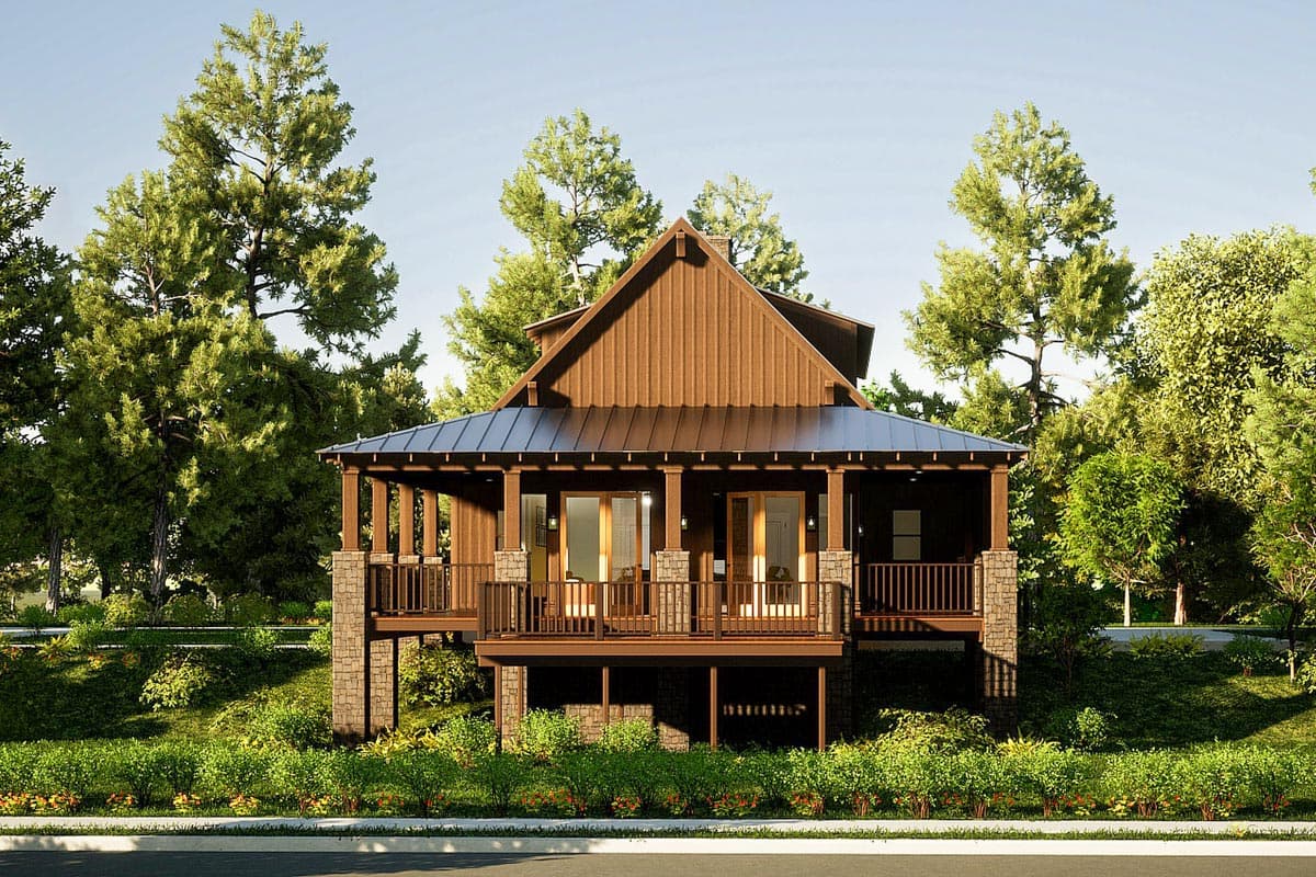 House plan exterior: Two-story cabin with wraparound porch, stone-clad supports, and prominent gable.