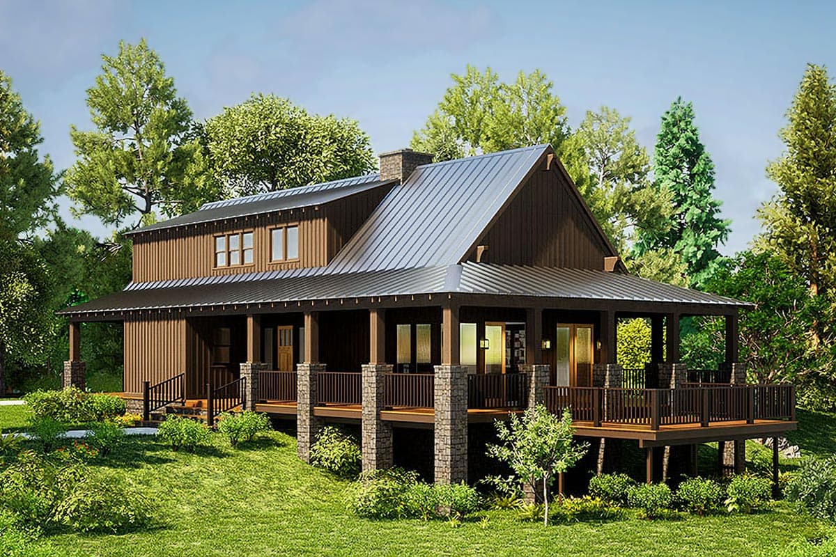 Modern Farmhouse house plan exterior with wrap-around porch, stone-clad supports, metal roof, and prominent gable.