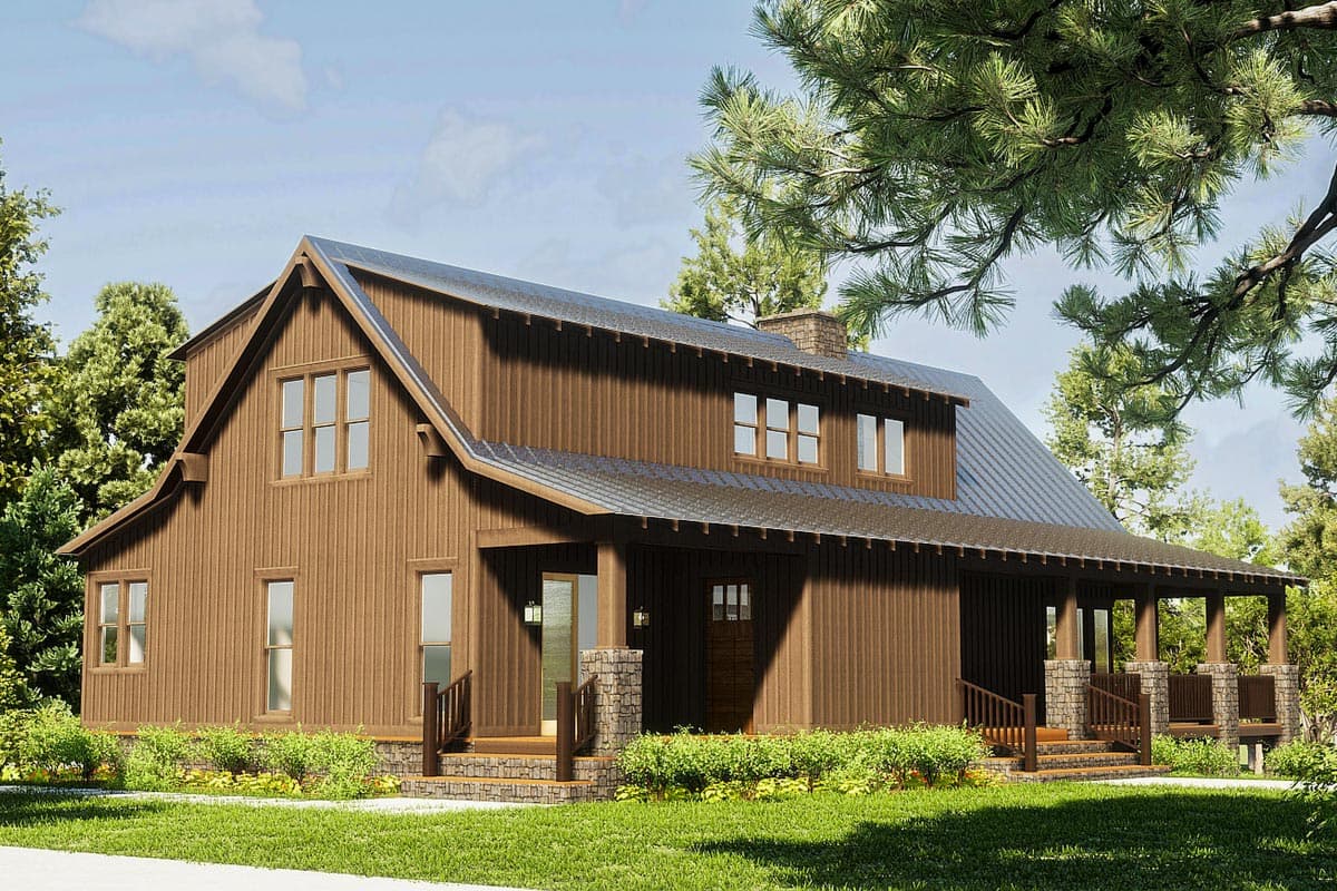 House plan exterior: Modern Farmhouse style, two stories, board-and-batten siding, gabled dormers, metal roof, stone-accented porch.