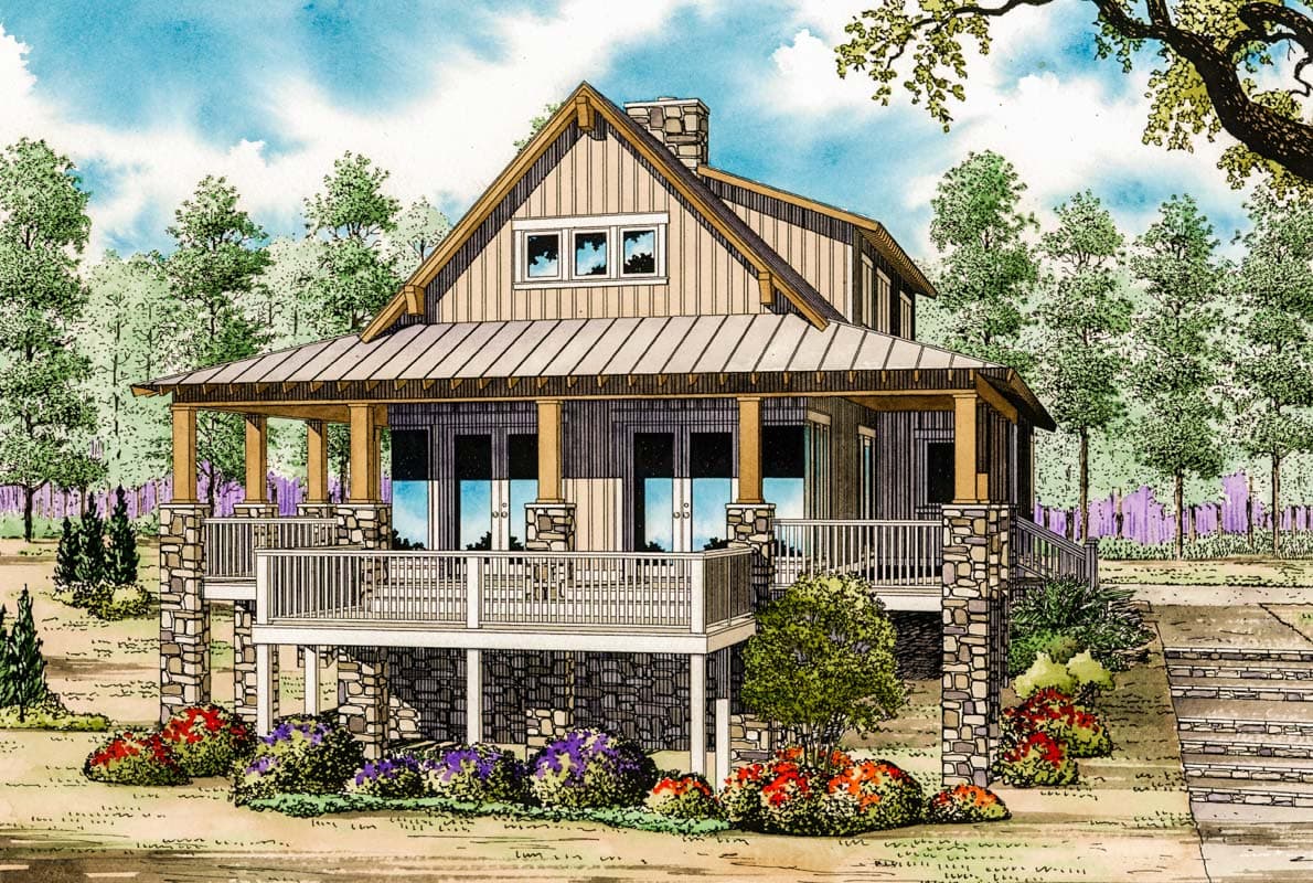 House plan exterior: Modern Farmhouse style, two stories, covered porch, stone foundation, and gabled dormer with three windows.