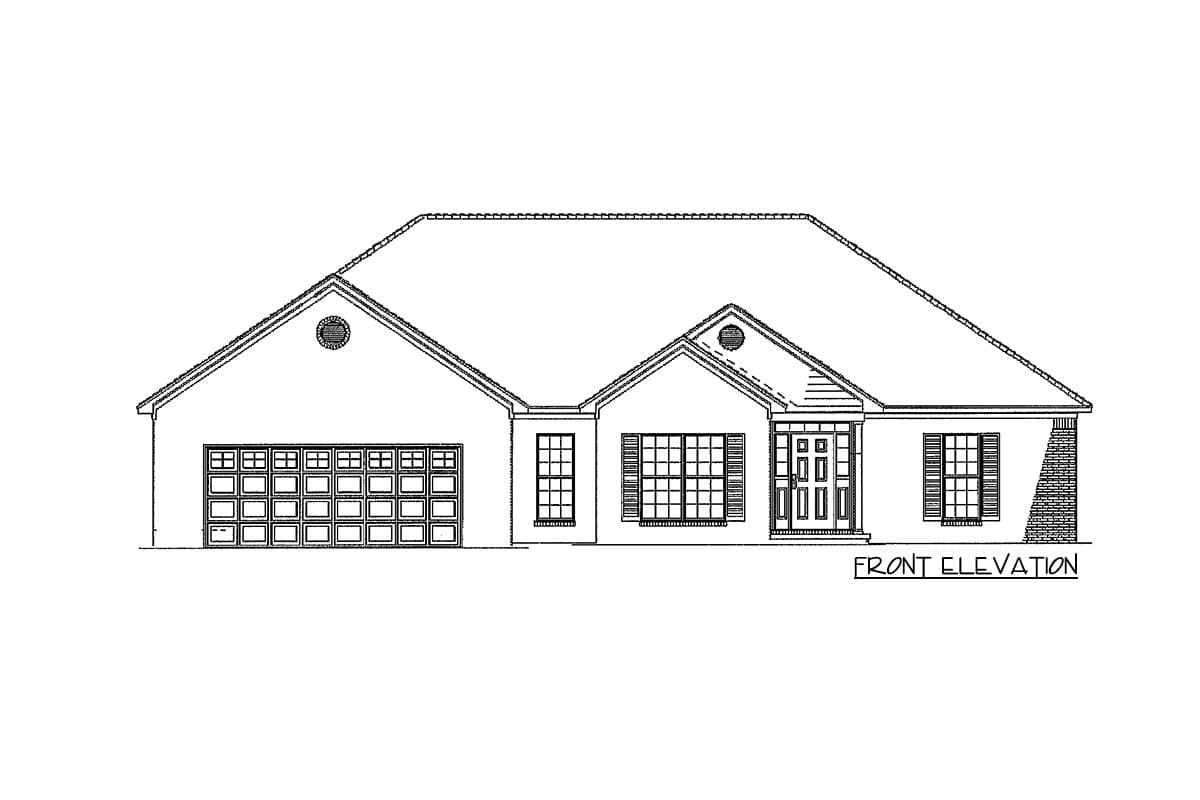 Front elevation drawing of a single-story house with a side-entry garage, gabled entrance, and multiple windows.