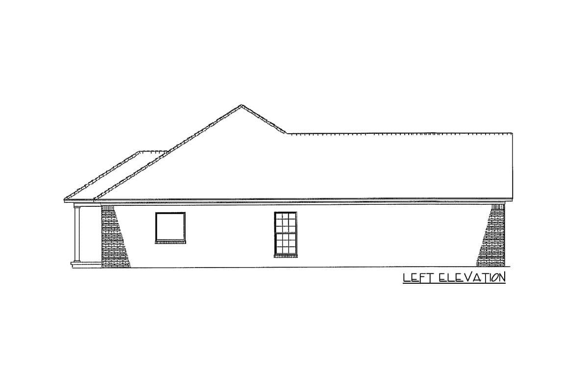 Left elevation drawing of a single-story house plan with a hip roof, brick foundation, and two windows.