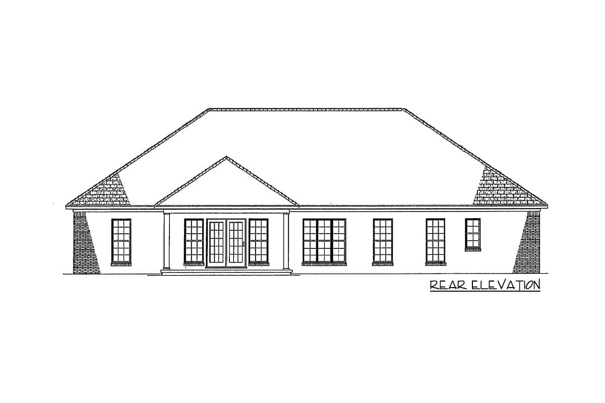 Rear elevation drawing of a house plan featuring a hip roof, brick accents, and multiple windows and French doors.