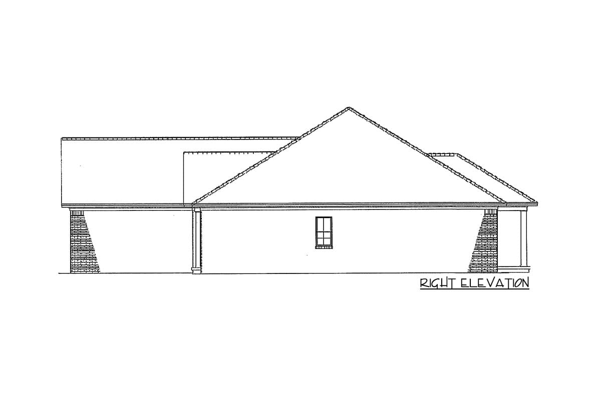 Right elevation drawing of a house plan showing a gable roof, brick foundation, and one window.