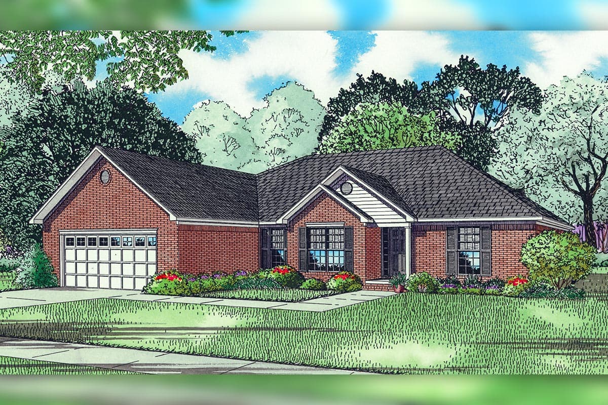 House plan exterior: One-story brick home with attached two-car garage, gable front, and covered entry porch.