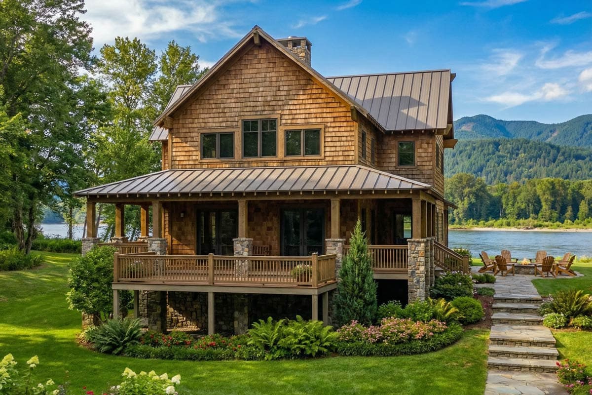 A rustic, two-story wooden home with a porch sits by a river. The house has a metal roof, surrounded by trees and a view of distant mountains.