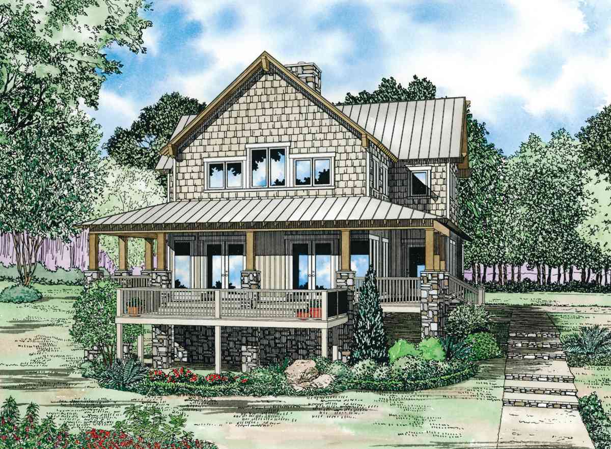House plan exterior: two-story modern farmhouse with wraparound porch, stone foundation, and metal roof.