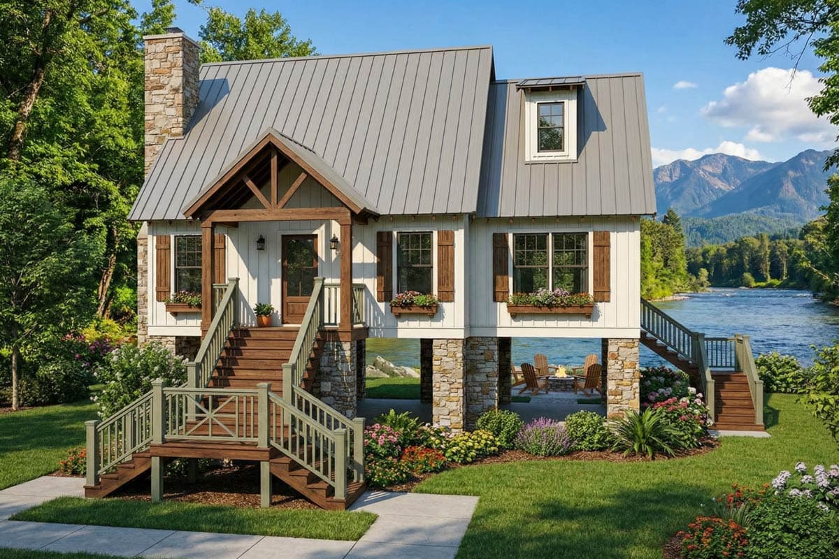 A charming, elevated cottage with a stone base, wooden stairs, and a metal roof, overlooks a river and mountain range under a bright blue sky.