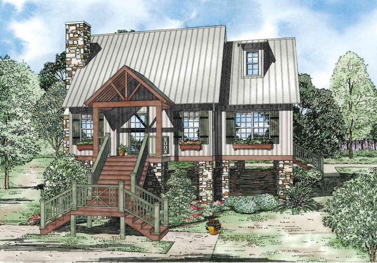 House plan exterior: Modern cabin style with metal roof, stone foundation, large stairs, and prominent stone chimney.