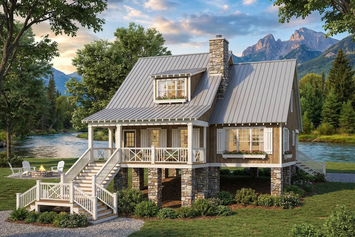 House plan exterior: Elevated cabin style home with metal roof, stone chimney, covered porch, and extensive stairs.