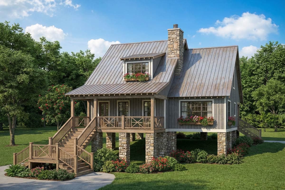 A rustic cabin elevated on stone pillars, with a metal roof and wooden stairs. Flower boxes adorn windows, surrounded by green lawns and trees.