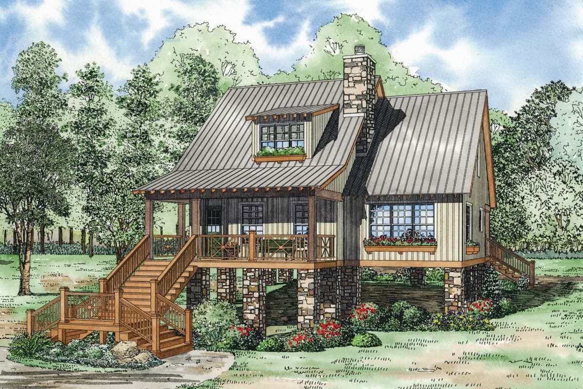 House plan exterior: Chalet-style home on stilts with metal roof, stone chimney, covered porch, and prominent wooden stairs.