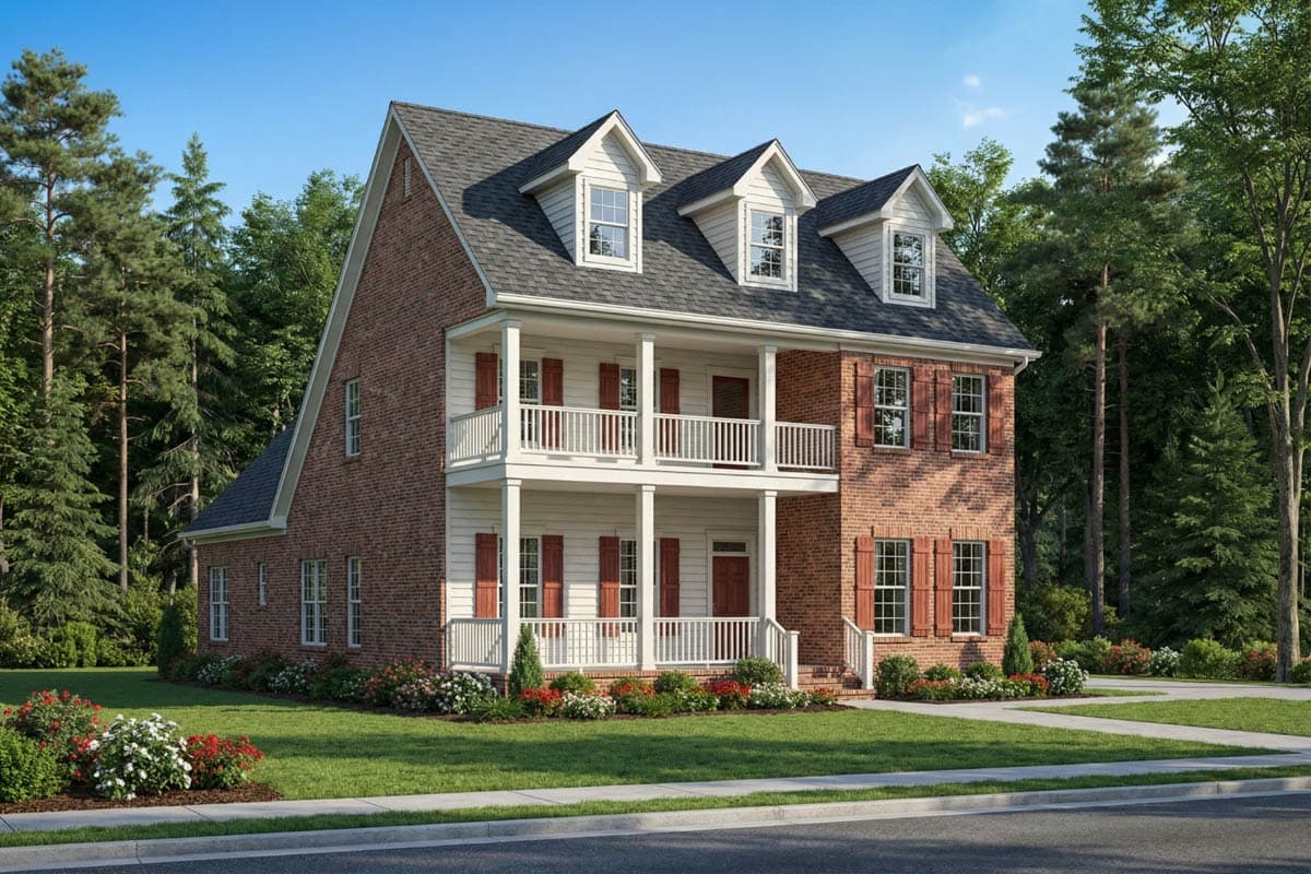 House plan exterior features brick facade, two stories, dual wraparound porches, and dormer windows.