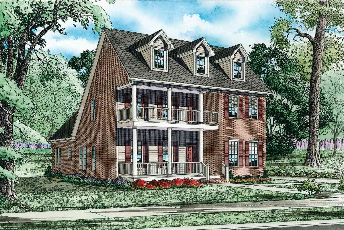 House plan exterior: Two-story brick home with a full-width double-decker porch, three dormer windows, and red shutters.
