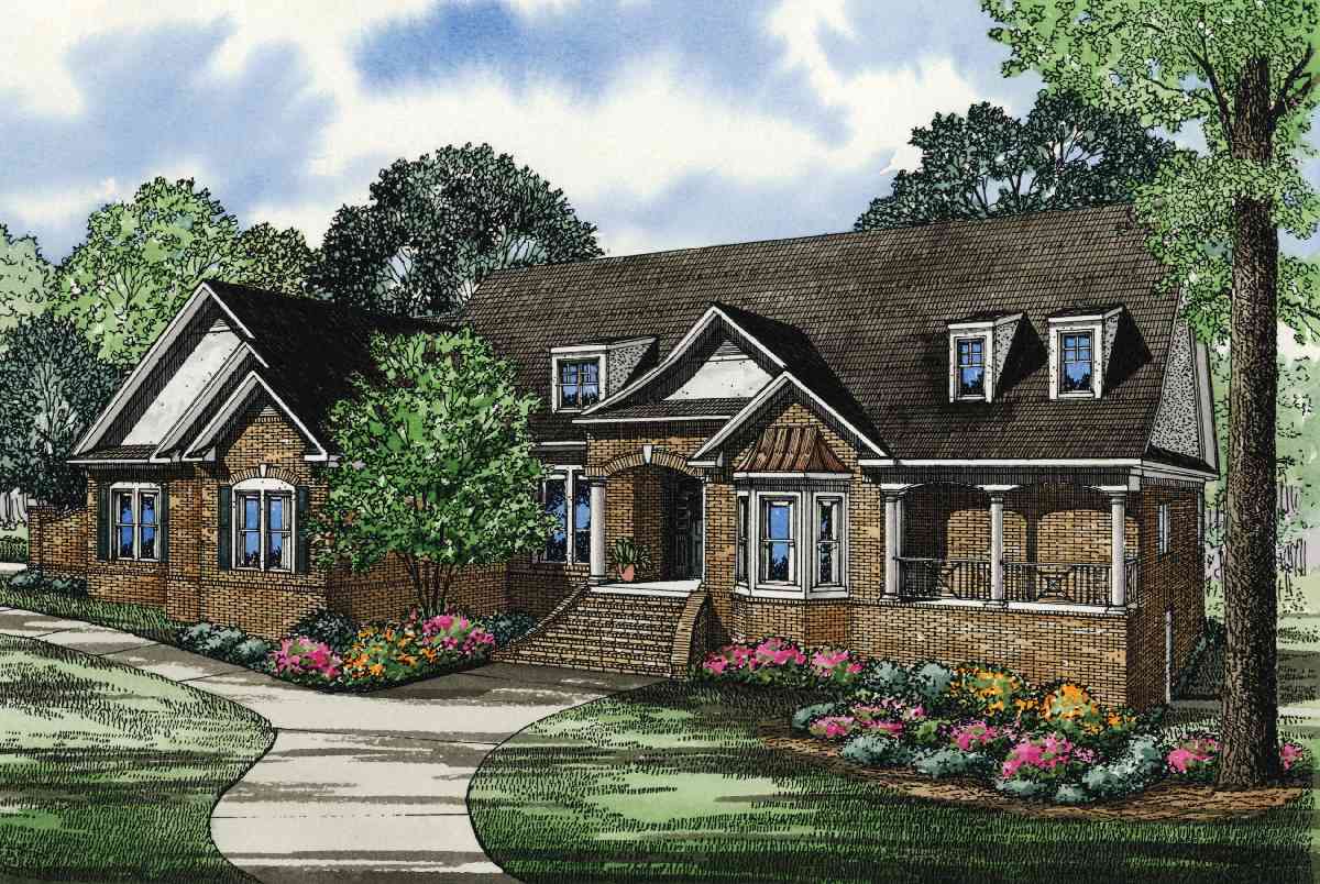 House plan exterior: Brick home with prominent gables, dormers, arched entryway, and covered porch.