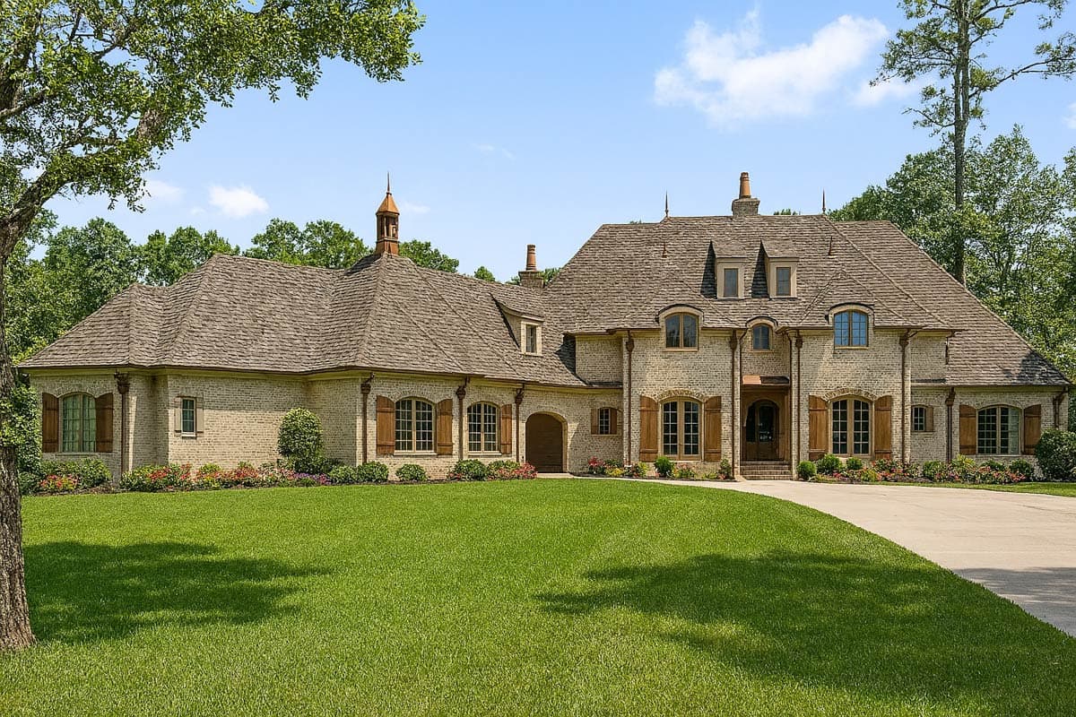 House plan exterior featuring a two-story design with a hipped roof, dormers, arched entryway, and wooden shutters. Brick facade and large lawn.
