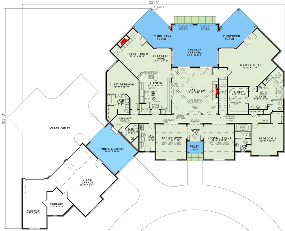 Plan 59971ND: 6 Bedroom French Country House Plan with Upstairs Home Theater and Game Room - 6698 Sq Ft - Floor Plan - Main Level - European, French Country