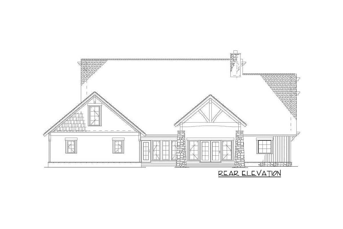 Rear elevation drawing showing gables, dormer, stone-clad columns, and multiple windows.