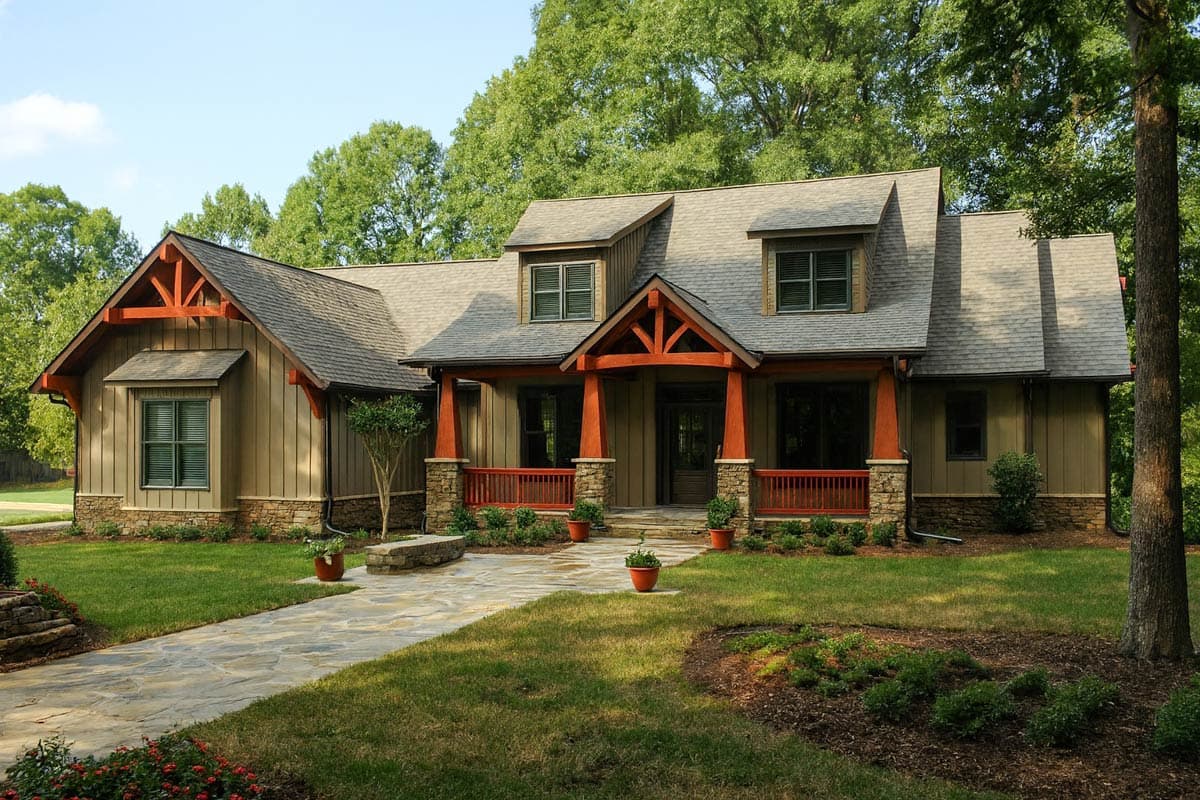 Craftsman style house plan exterior with stone accents, prominent gables, dormers, and a covered front porch with timber detailing.