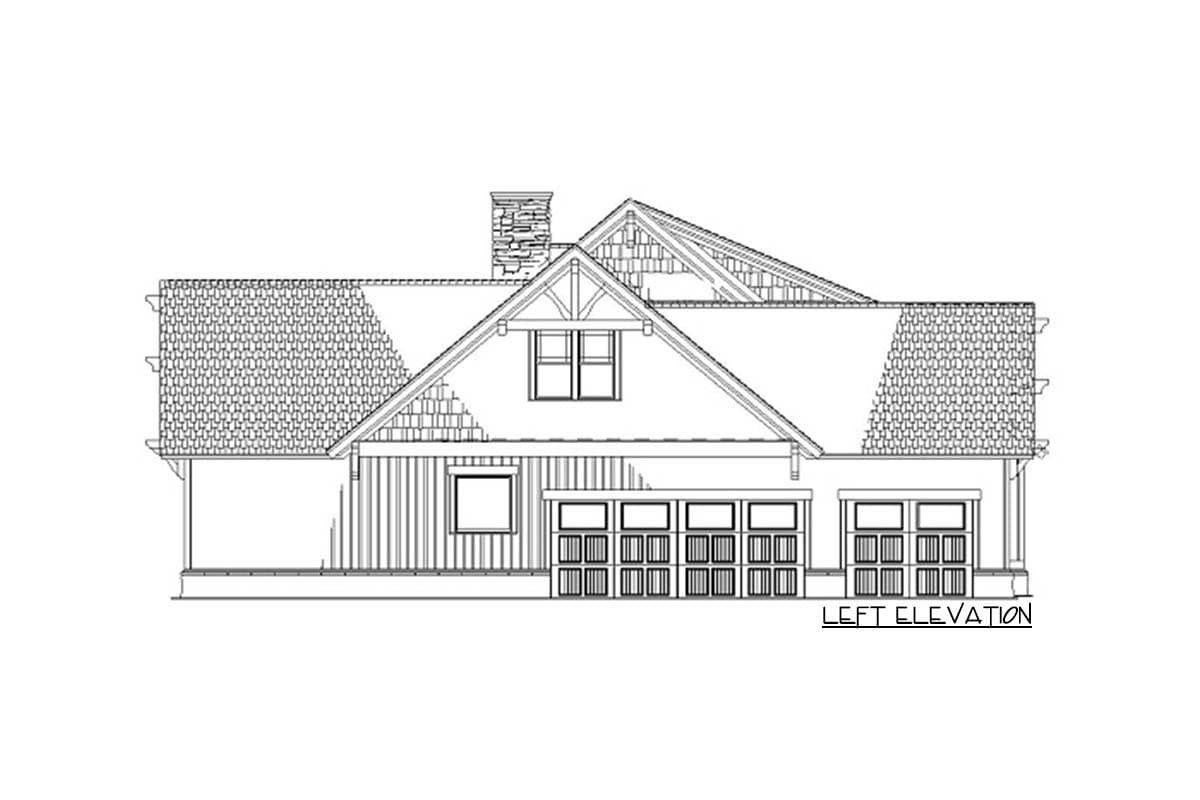 Left elevation of a house plan featuring a stone chimney, multiple gables, dormer window, and a series of garage doors.