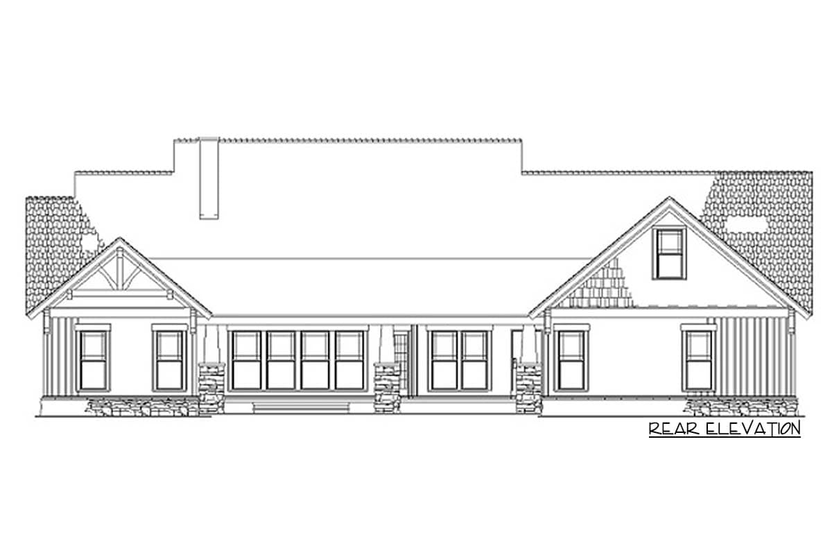 Rear elevation house plan. One-story home with covered porch, stone accents, gables, and dormers.