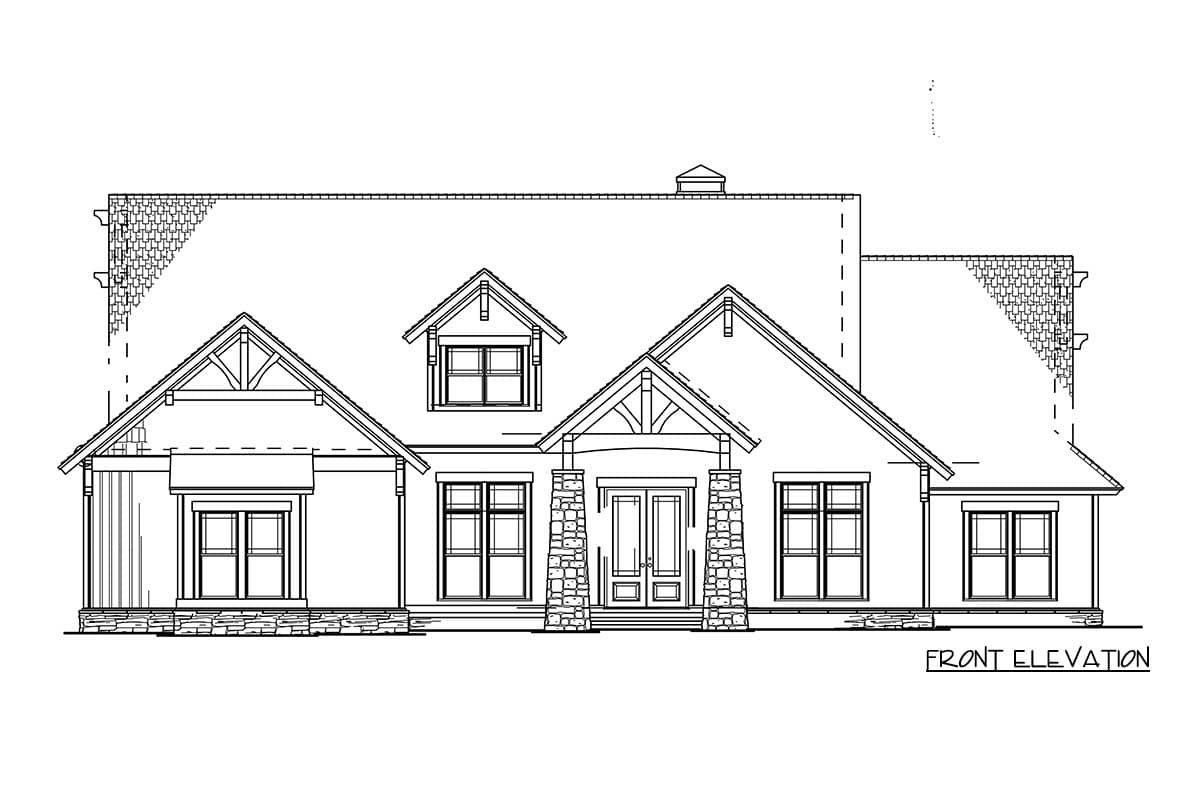 Front elevation drawing of a one-and-a-half-story house with a stone-clad entry, multiple gables, and dormers.