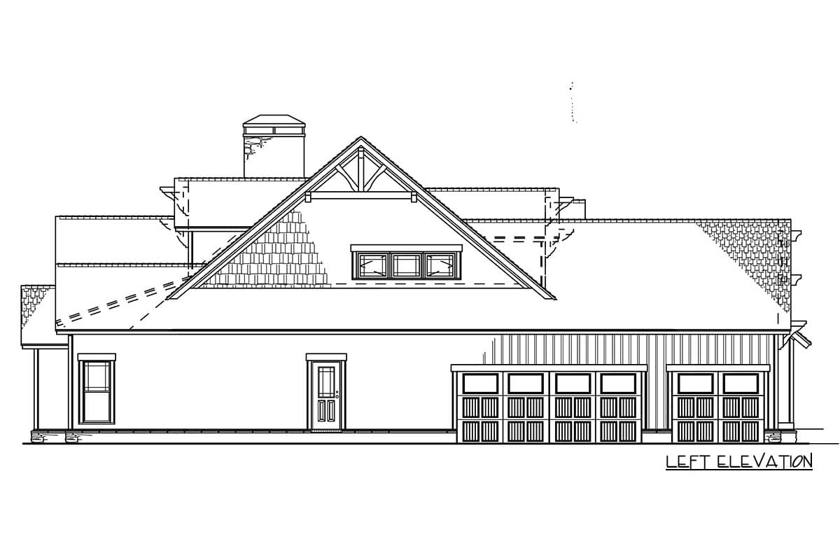 Left elevation house plan showing a multi-story structure with gabled dormers, a prominent chimney, and a three-car garage.