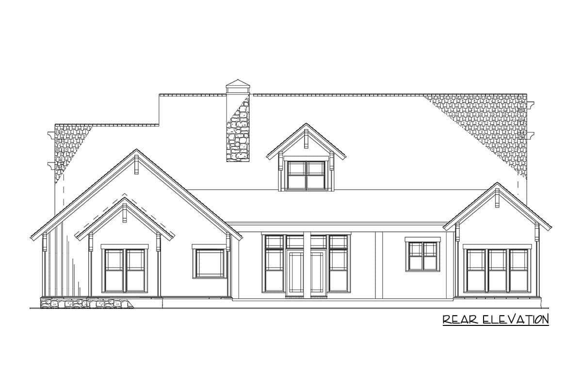 Rear elevation drawing of a house plan with gable roofs, a dormer, a stone chimney, and multiple windows.