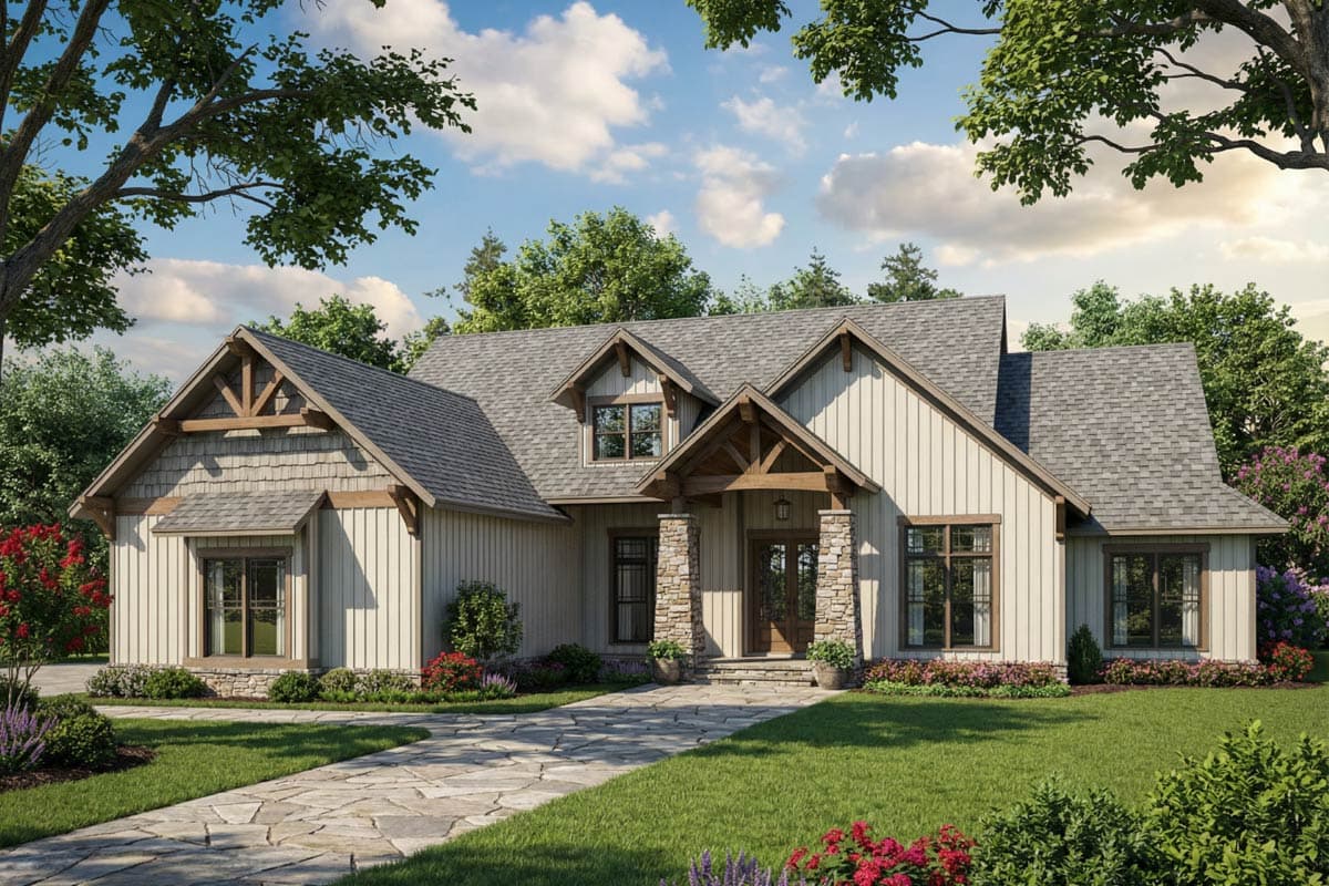 A craftsman-style house with a stone pathway leading to the front door. The house has a gray roof, wooden accents, and is surrounded by a green lawn.