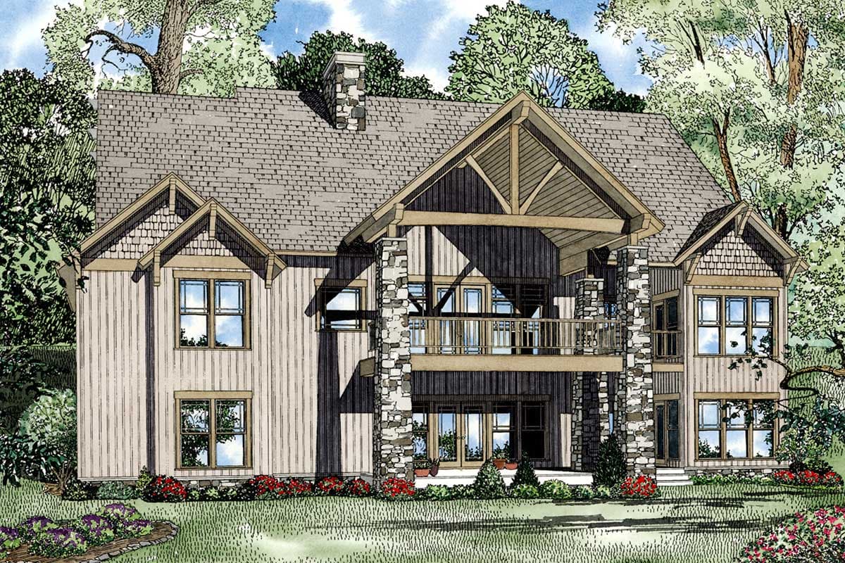House plan exterior of a two-story home with vertical siding, stone accents, gabled dormers, and a covered balcony.
