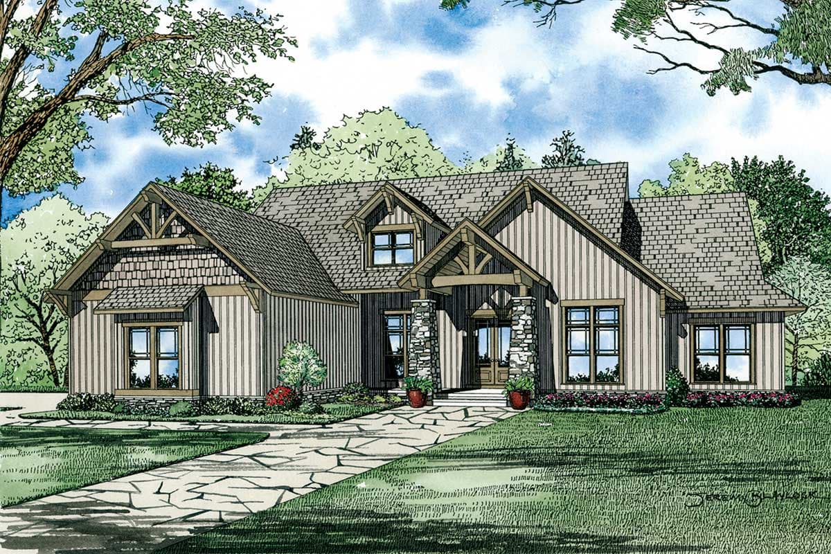 House plan exterior: Modern Farmhouse style, one story, prominent gables with exposed rafter tails, stone-clad porch supports, and vertical siding.