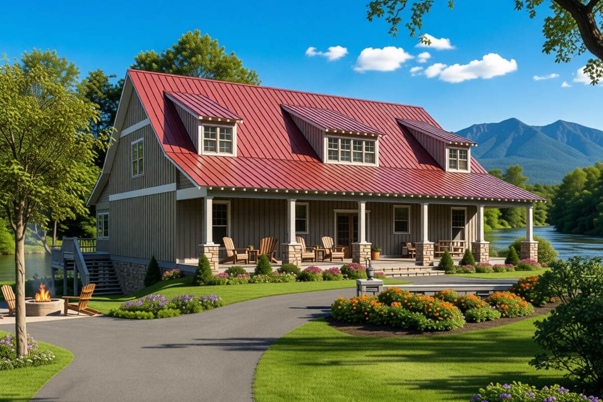 A two-story house with a red roof sits by a river and lush green landscape. Adirondack chairs sit on the porch with mountain views in the distance.
