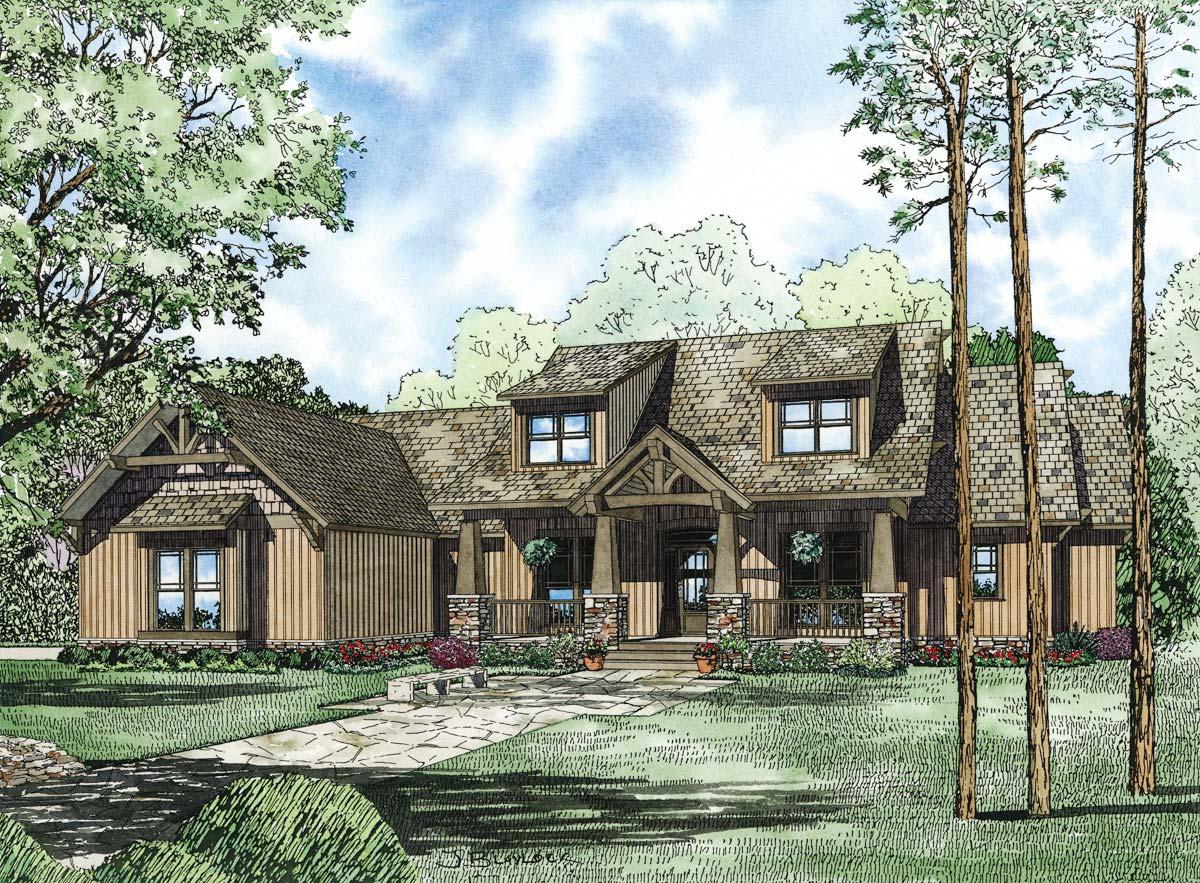 House plan exterior: Wood-sided, one-and-a-half story home with a prominent covered porch, stone accents, and multiple gables.