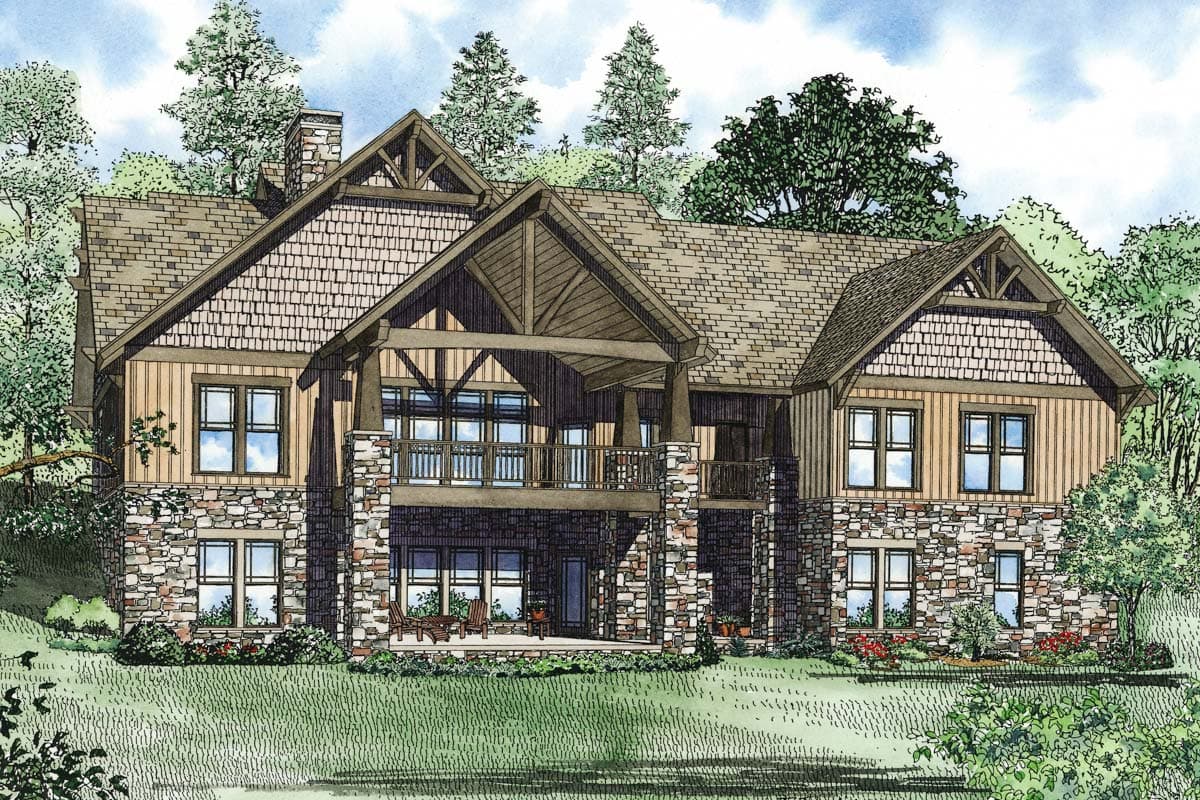House plan exterior: Lodge-style home with stone base, wood siding, shingle gable, and exposed timber framing.