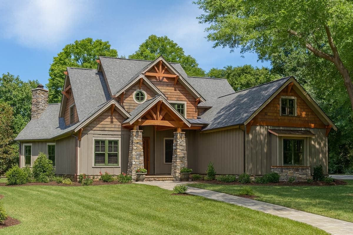 Craftsman house plan exterior with stone pillars, gables, wood accents, and a circular dormer.