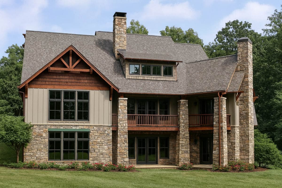 House plan exterior: Modern mountain home with stone and wood siding, multiple gables, dormer, and balconies.
