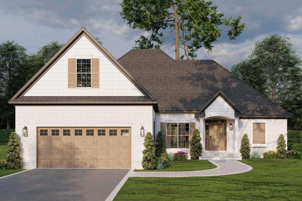 House plan exterior: Modern Farmhouse style, one story, white brick, wood garage door, arched entry, gabled dormer.