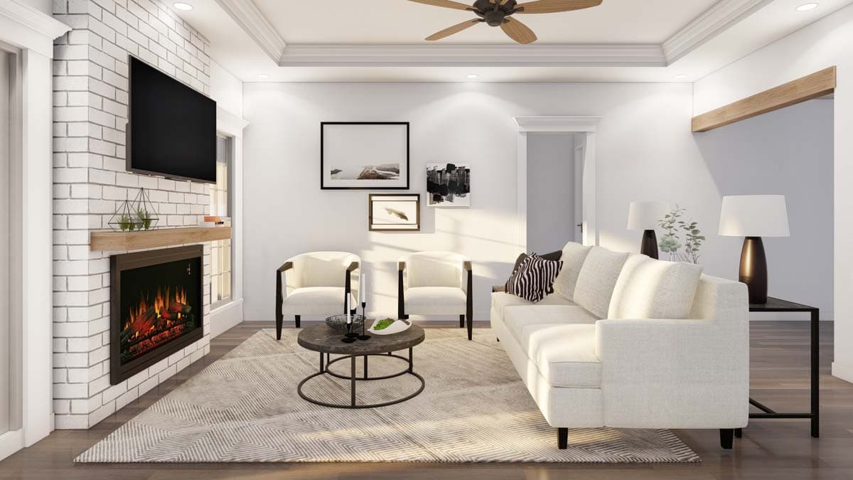 Interior rendering of a living room with white brick fireplace, mounted TV, sofa, coffee table, and ceiling fan.
