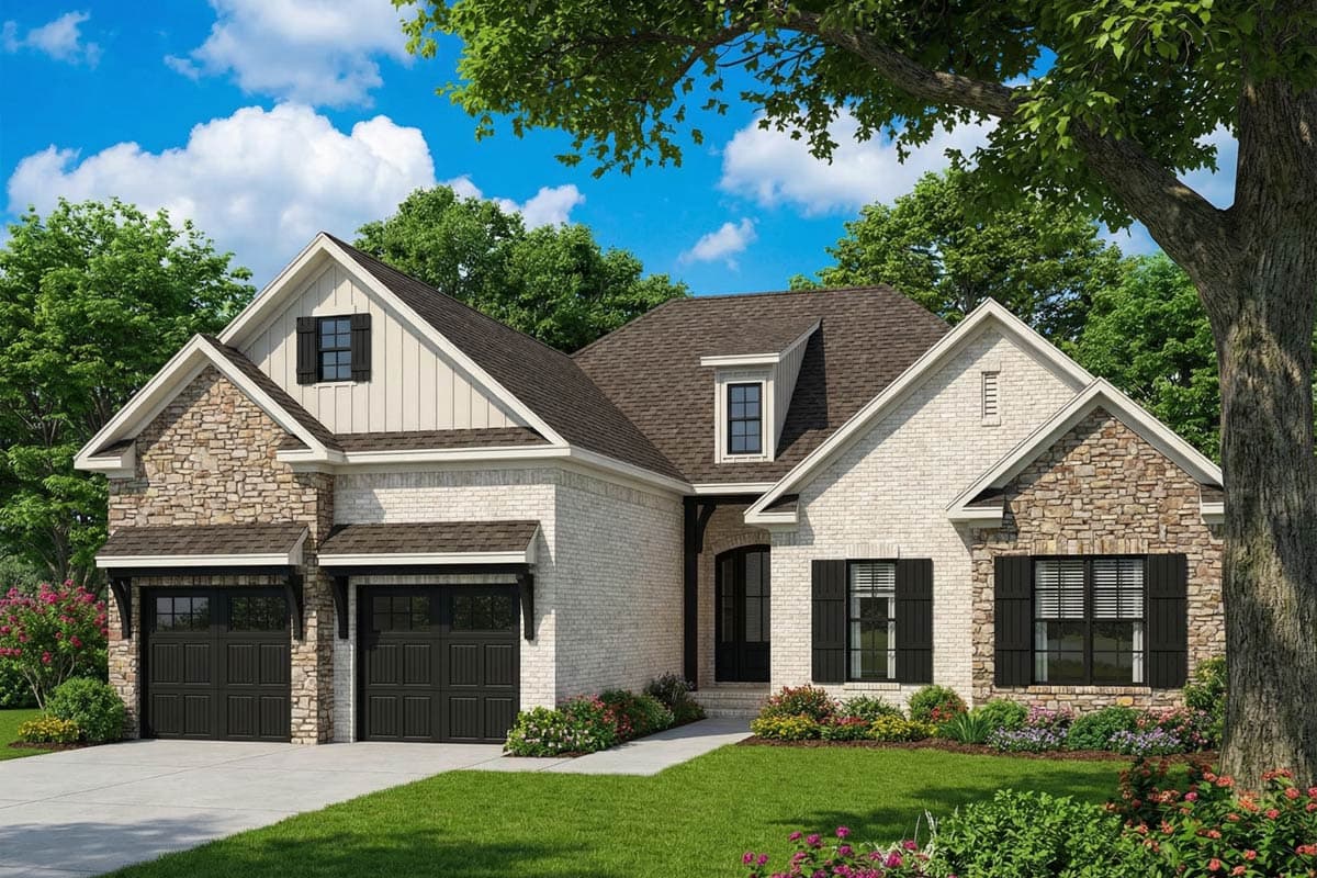 House plan exterior, modern farmhouse style, one story, with stone accents, white brick, gable dormer, and a side-entry two-car garage.