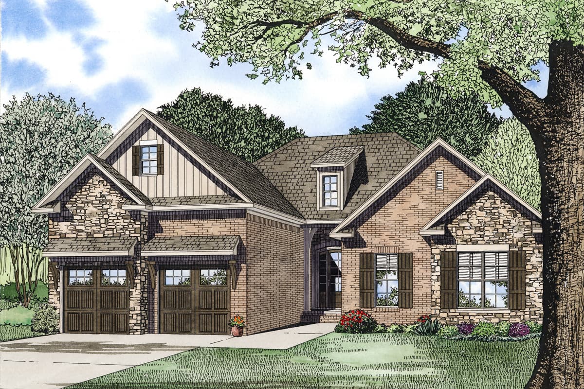 House plan exterior: Traditional style, one-story home with stone accents, two-car garage, gabled dormer, and brick facade.
