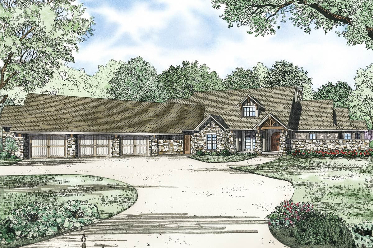 House plan exterior: Ranch style with stone facade, four-car side-entry garage, gables, and dormers.