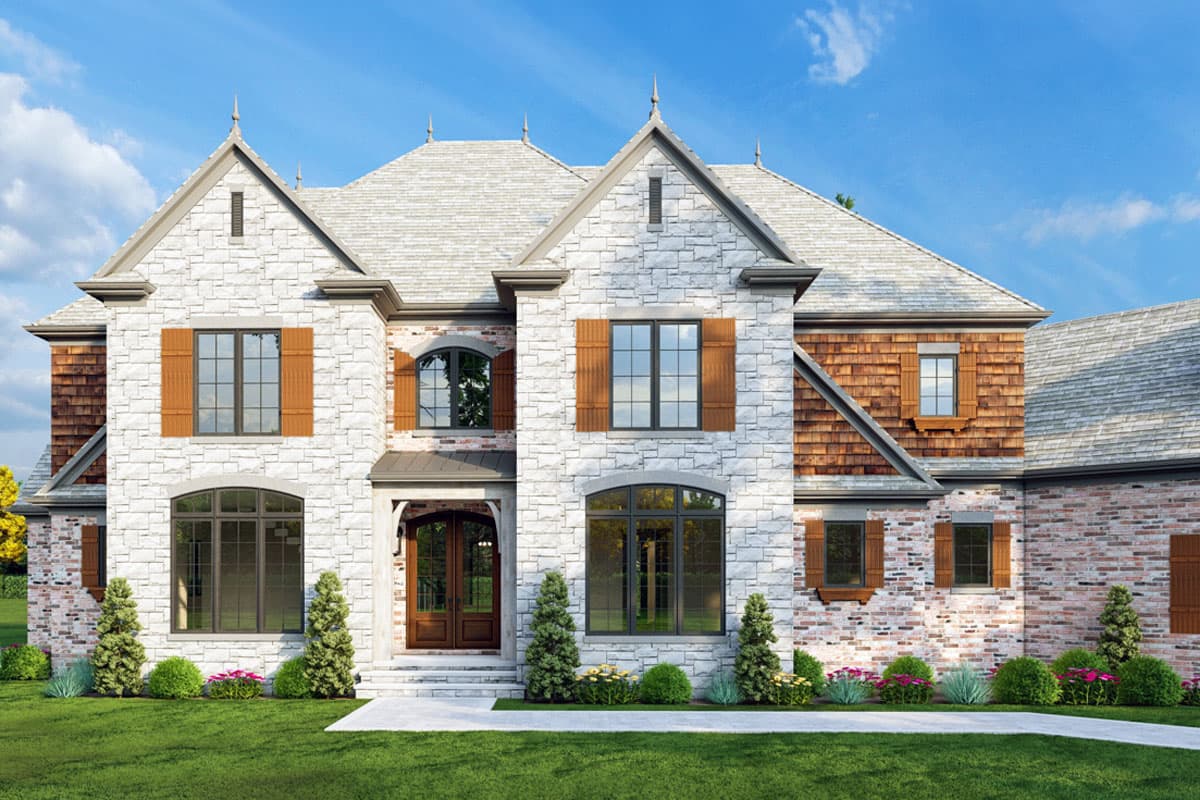 House plan exterior: Two-story home with stone and brick facade, wood shutters, gables, and a covered entry.