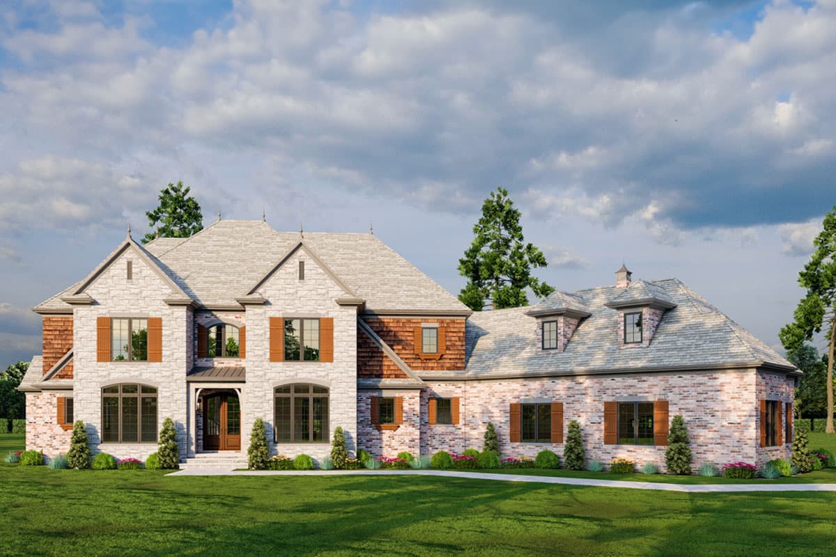 Two-story house plan exterior with stone and brick facade, multiple gables, dormers, and a covered entry.