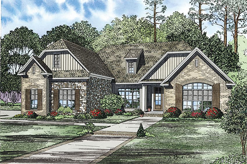 House plan exterior: Brick and stone one-story home with multiple gables, dormers, arched windows, and shutters.