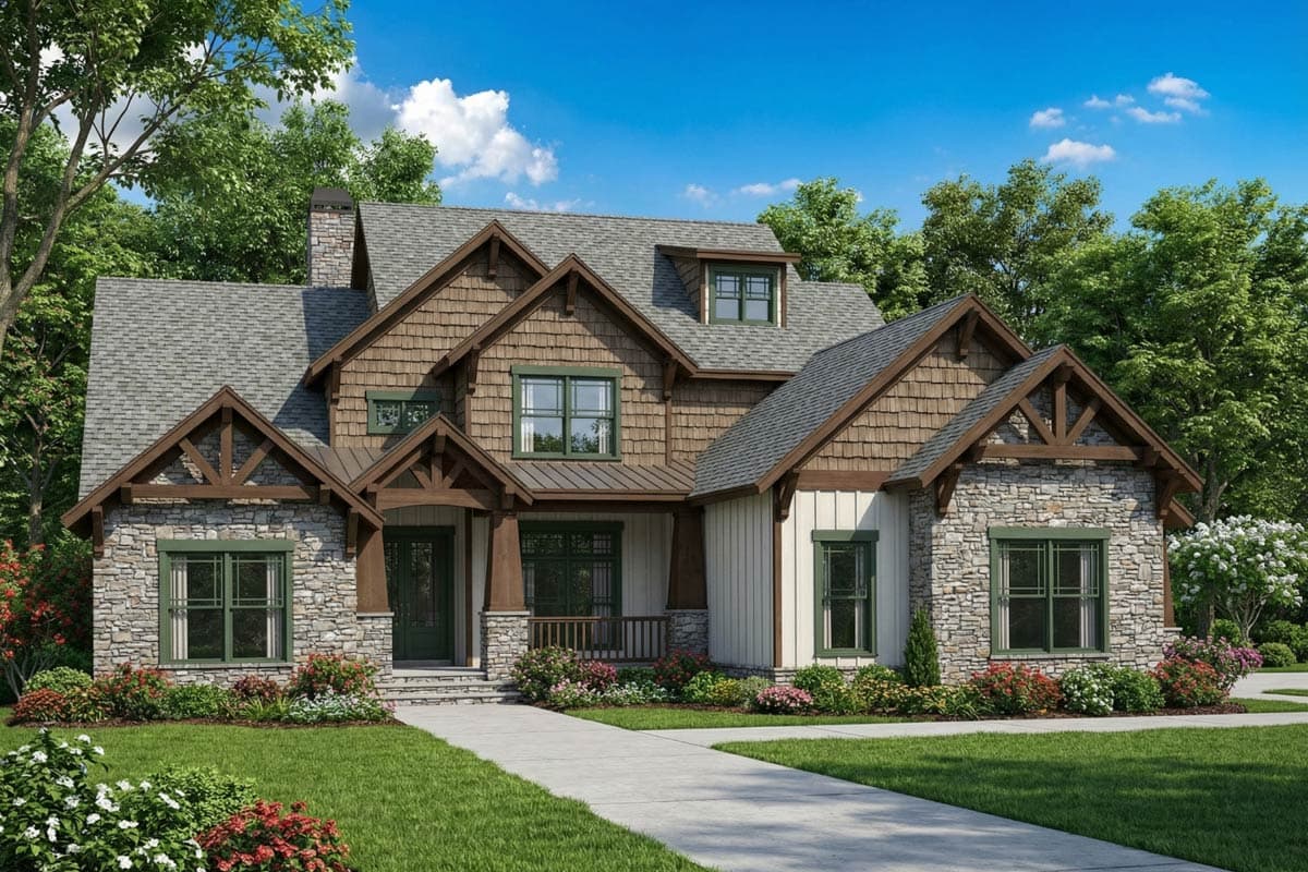 A craftsman-style house with stone accents, cedar shake siding, and a welcoming front porch. Landscaping includes flowering bushes and a green lawn.