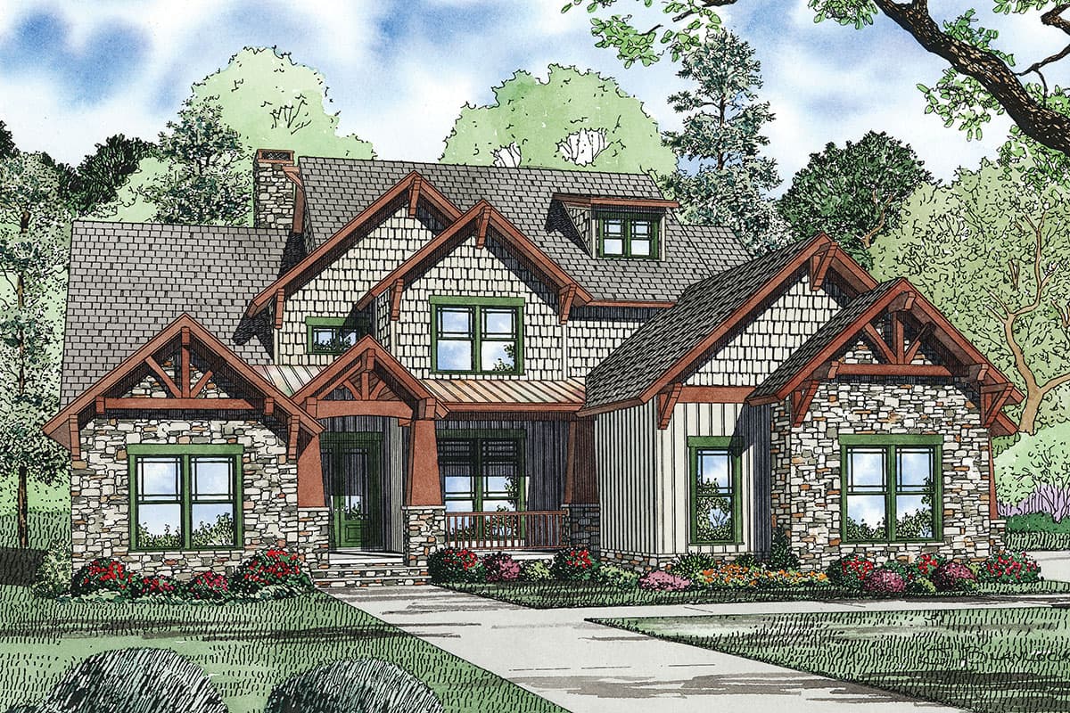 House plan exterior: Rustic mountain style with stone and shingle siding, prominent gables, exposed timber brackets, and dormers.