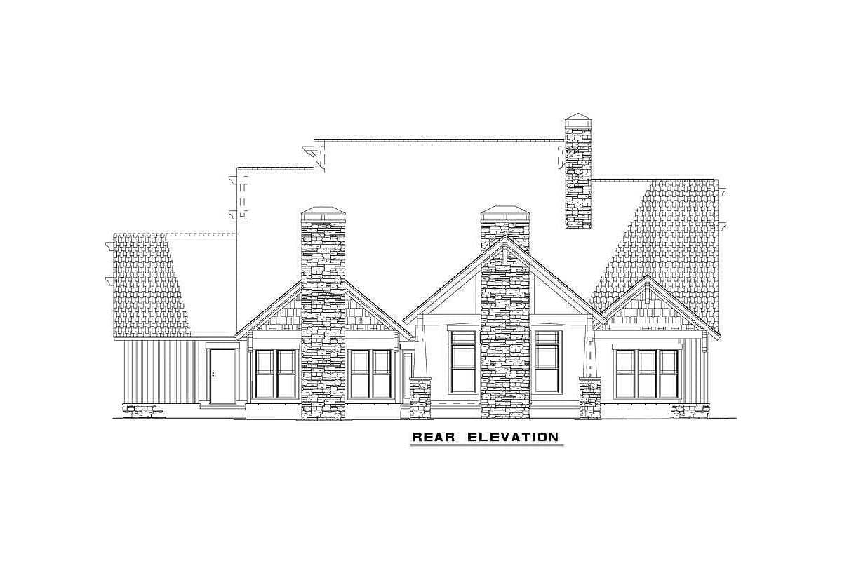 Rear elevation drawing of a house plan featuring multiple gables, stone chimneys, and varied rooflines.